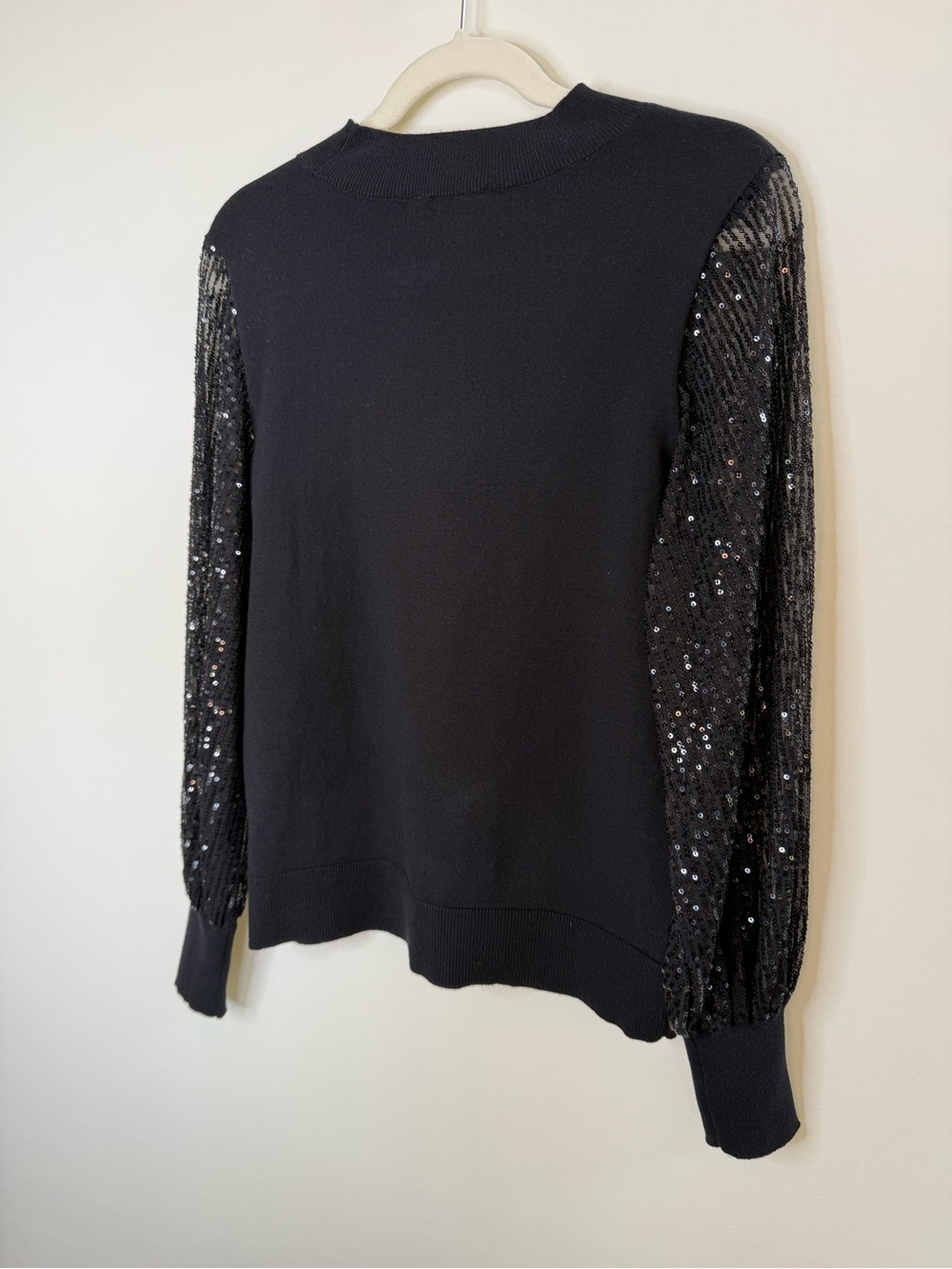 CeCe Sheer-Sequin-Sleeve Mock-Neck Cotton Sweater Rich Black - Size XS (NWOT) - Picture 8 of 10